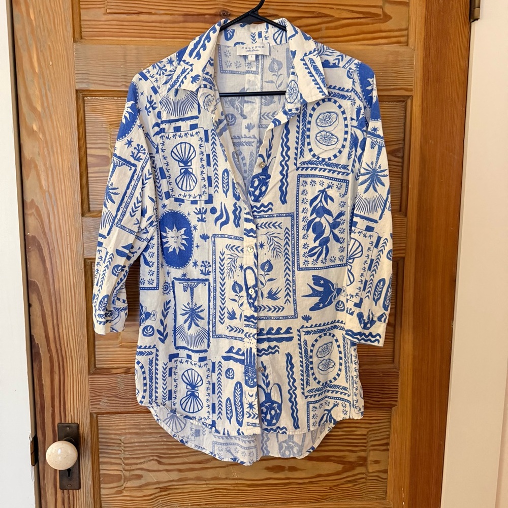 Calypso St. Barth Linen Blend Button Down, Blue and White, Size L